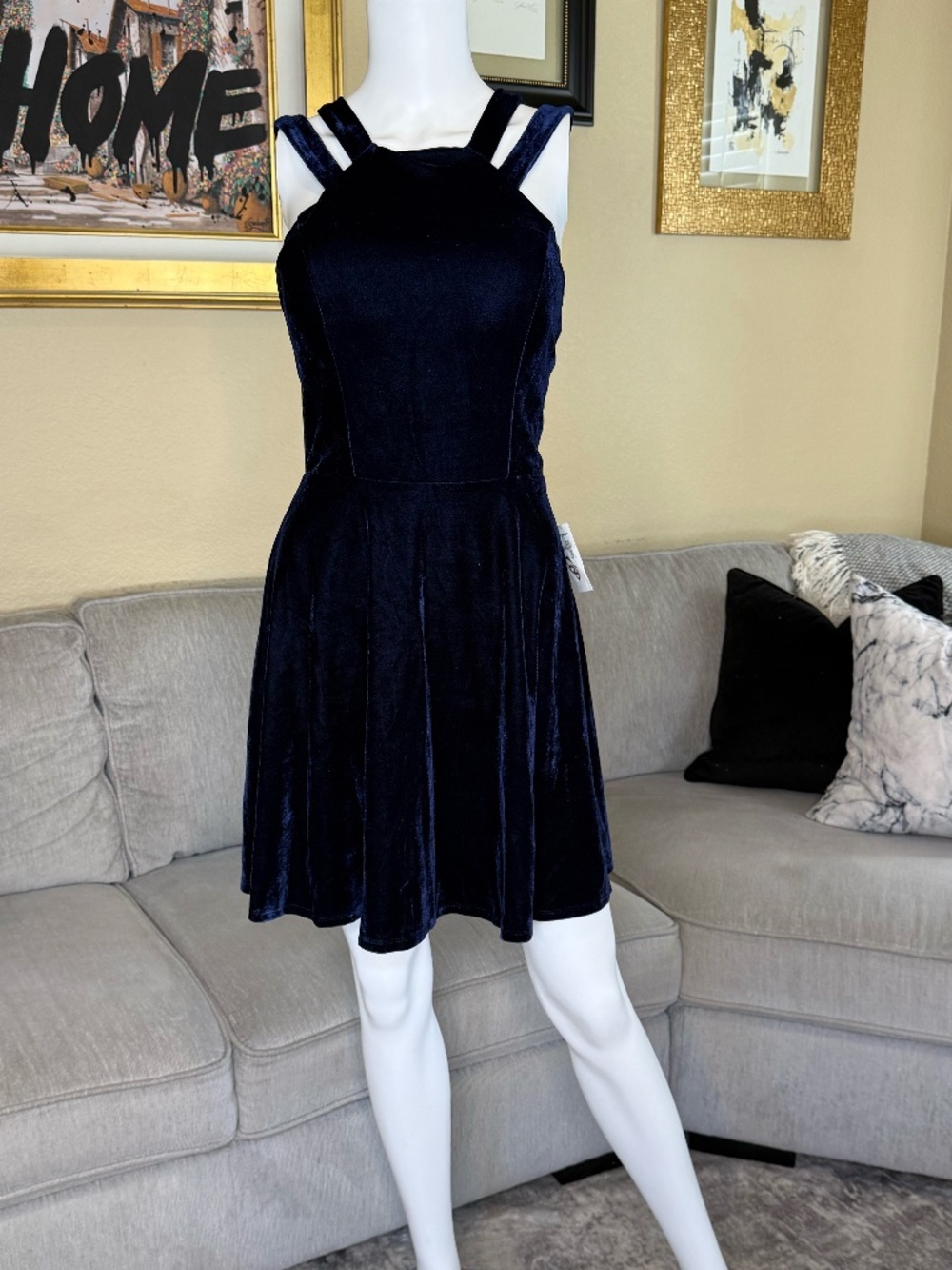 B. Darlin Navy Blue Velvet Fit & Flare  Dress Juniors Size 11/12 NWOT